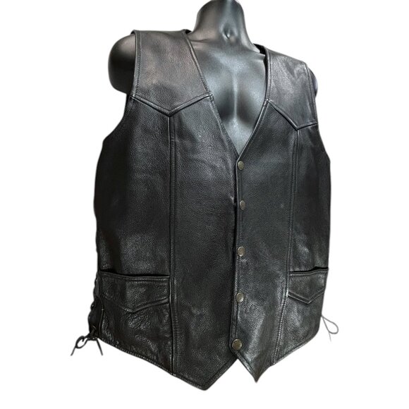 CLASSIC LEATHER Black Vest Men 46/XL-XXL Button VNeck Side Laces Western Cowboy - Picture 2 of 12